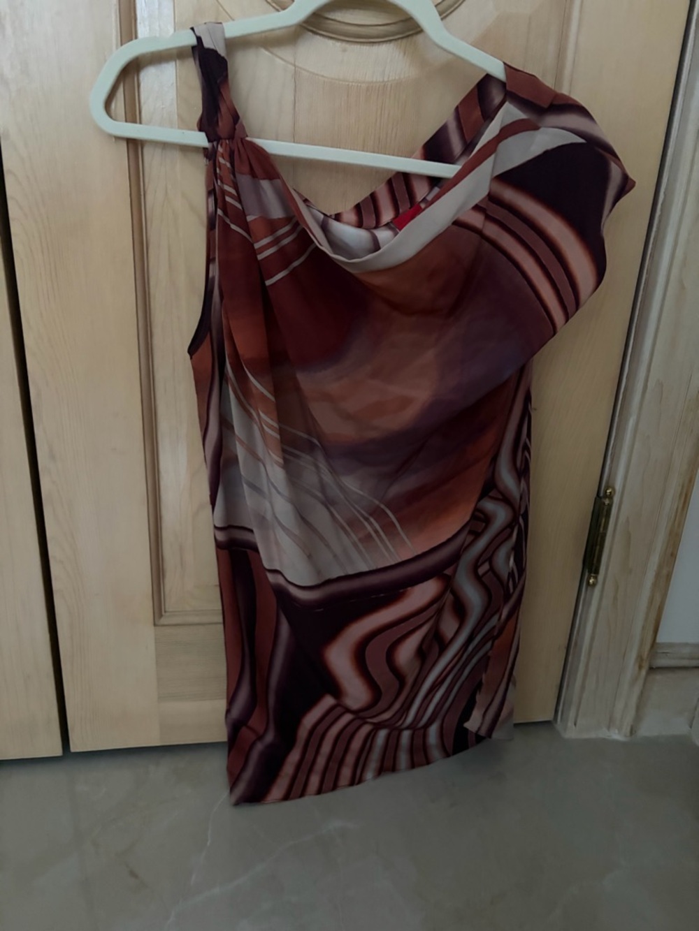 Asymmetric One-Shoulder burgundy red Swirl Print silk top tunic